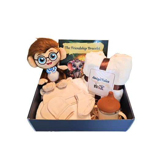 Amigo Tales Baby Gift Set with Plush Monkey, Storybook, Blanket, Hat & Mittens set and Sippy cup - Kids Gift, Baby Shower Box