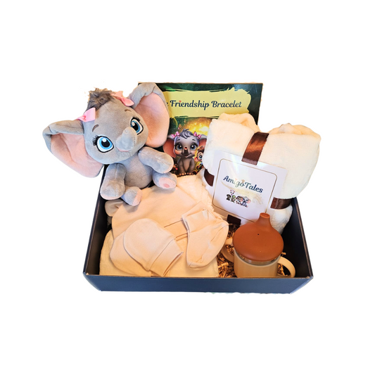 Amigo Tales Baby Gift Set with Plush Elephant, Storybook, Blanket, Hat & Mittens set and Sippy cup - Kids Gift, Baby Shower Box