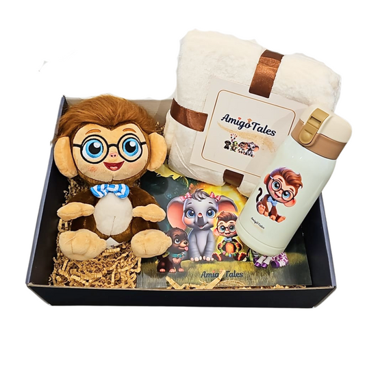 Toddler Birthday Present Gift Set with Plush Monkey, Storybook, Blanket and Water Bottle - Kids Gift, Baby Shower Box
