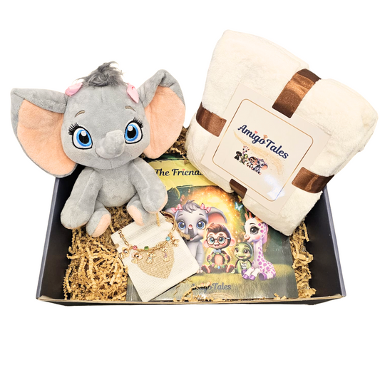 Toddler Birthday Present Gift Set with Plush Elephant, Storybook, Blanket and Bracelet - Kids Gift, Baby Shower Box